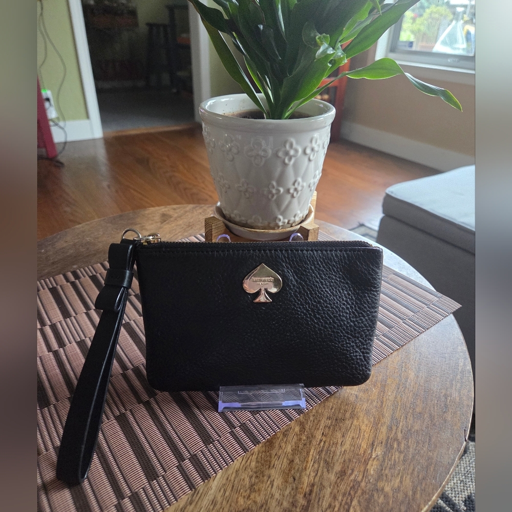Kate Spade Black Leather Wristlet with Silver Logo
